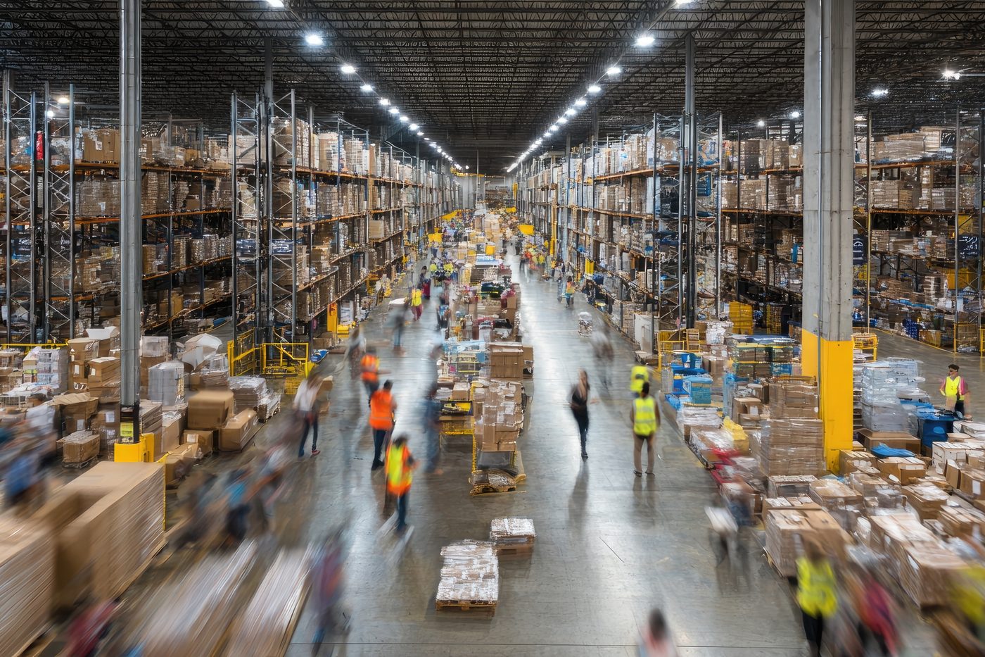 Dozens of workers and forklifts moving between tall pallet racking on the floor of a vast distribution centre