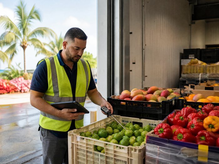 A receiving inspector in a hi-vis vest checking the temperature of crates of limes, mangoes and peppers on a loading dock in South Florida