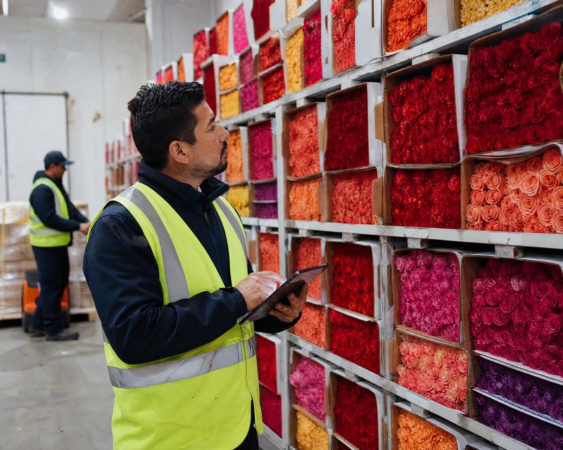 A supervisor in a hi-vis vest checking a tablet against a wall of graded boxes of red, coral and purple roses in a cold room