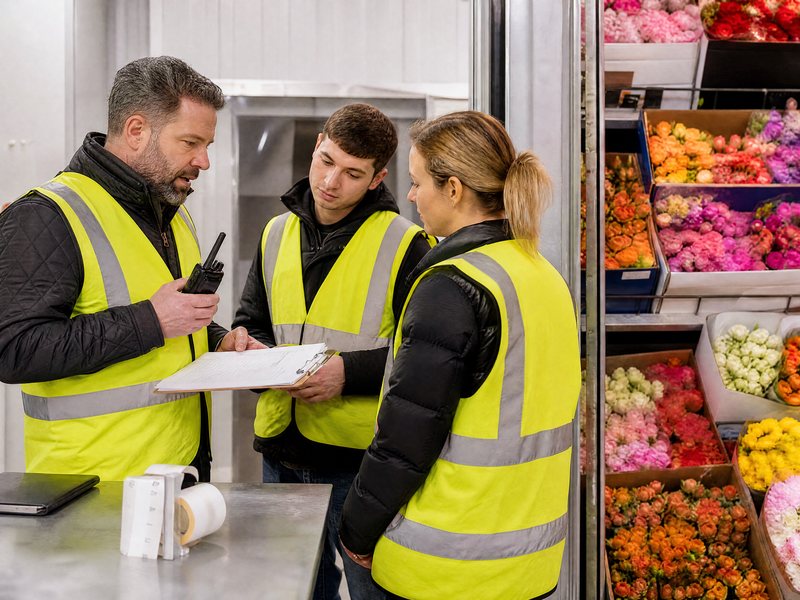 A dispatcher with a two-way radio briefing two associates over a clipboard beside a wall of colourful flower boxes
